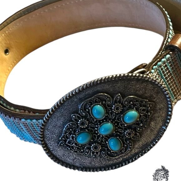 Saks Fifth AveTurquoise Woven Leather Belt w Decorative Turquoise Buckle S/35” - Picture 4 of 8